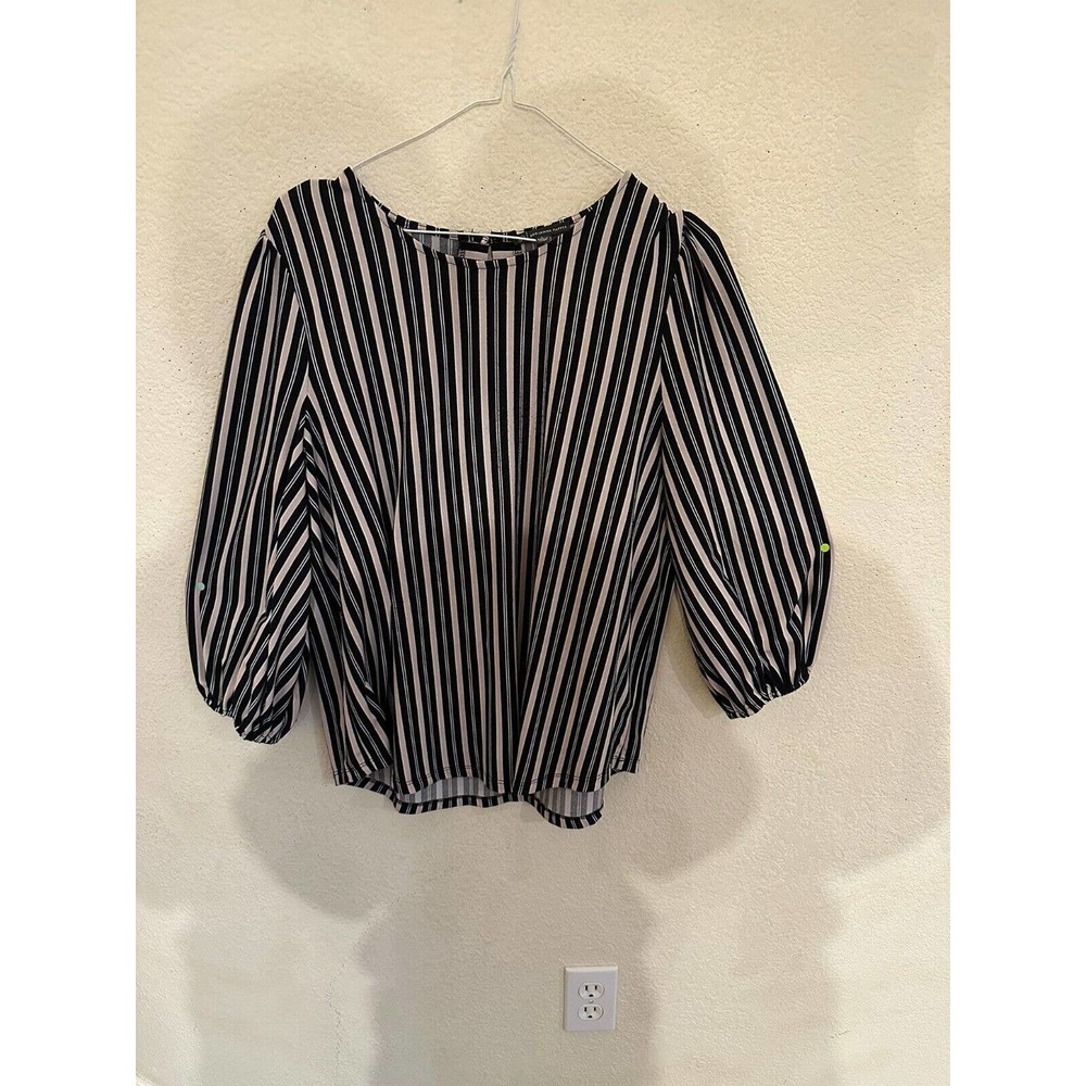 Adrianna Papell Black And Rose Pink Stripes Balloon Sleeve Women's Blouse Size L